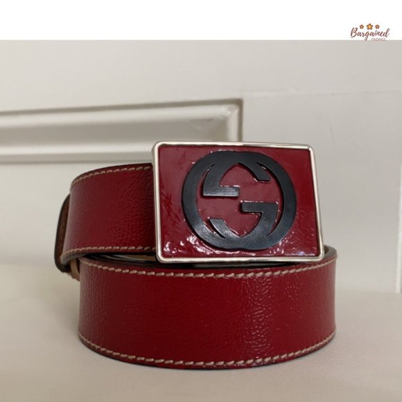 Authentic GUCCI Red Patent Leather Black Interlocking G Plaque Buckle Belt 90/36 - Picture 13 of 13